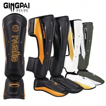 GINGPAI Professional Muay Thai Leg Guards, Kickboxing Shin Guards For Adults And Teenagers, Thick Fight Gear Protective Shinguards, Martial Arts Foot Instep Protector For Taekwondo, Kick Boxing, Unisex