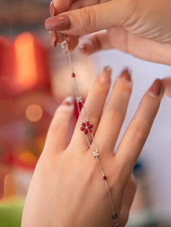 1pc S925 Sterling Silver Vintage Elegant 6-Petal Flower Red Stone Zirconia Bracelet, Versatile Jewelry Gift For Women, Suitable For Daily Wear, Parties And Festivals
