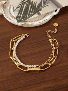 1条不锈钢女士时尚简约潮流珍珠回形针双层链手链，适合约会、派对和办公场合佩戴 - 金黃色 - 查看 4