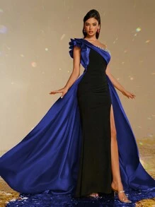 Smilprince Váy dài chấm đất xẻ cao màu xanh bất đối xứng có đuôi váy, váy bó Couture, tiệc sang trọng, váy dạ hội cho nữ, váy dạ hội trang trọng, váy dài trang trọng, váy dự tiệc cưới - Xanh đậm - Xem 6