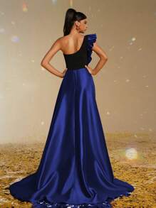 Smilprince Váy dài chấm đất xẻ cao màu xanh bất đối xứng có đuôi váy, váy bó Couture, tiệc sang trọng, váy dạ hội cho nữ, váy dạ hội trang trọng, váy dài trang trọng, váy dự tiệc cưới - Xanh đậm - Xem 2