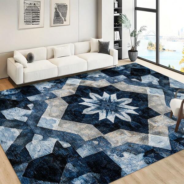 1pc Blue-Gray Bohemian Area Rug, Retro American Symmetrical Floral Pattern Rectangle Soft Non-Slip Carpet, Suitable For Outdoor, Entryway, Living Room, Bedroom, Laundry Room, Bathroom, Game Room, Machine Washable Year-Round Decorative Floor Mat, Home Decor