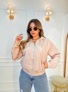 Women's Bomber Jacket Lined Colorful With Hood, Pocket And Zip - Albaricoque - View 2