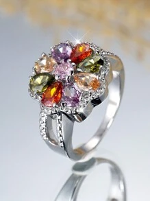 Tsnamer 1pc Elegant Floral Rainbow Colorful Cubic Zirconia Ring For Women Girl Daily Party Jewelry Gifts
