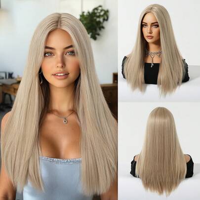 Women's Synthetic Warm Brown & Golden Long Straight Wig, Suitable For Cosplay, Party, Daily Wear, Natural Middle Part, Heat-Resistant Fiber Material. (Pay Attention To How You Wear And Care For It, Due To Lighting And Angle During Photography, The Actual Product May Have Slight Color Differences Compared To The Images.)