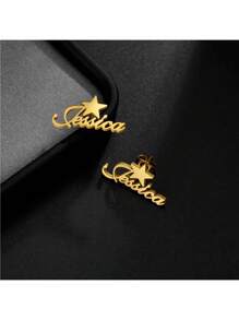 1 Pair Customized Stainless Steel Name Earrings, Elegant Personalized Ribbon Name Heart Shaped Earrings For Women, Suitable For Daily Wear, Wedding, Party Gifts, Available In Gold, Fashionable, Colorful, Ideal For Anniversary, Birthday, Graduation Ceremony, Prom, Party, School Supplies, Suitable For Teenagers, Middle School, High School, College Students - Gold - View 3