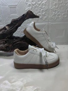 女士春秋新款休闲圆头低帮运动鞋，易于清洁，平底，舒适，百搭，撞色设计，运动休闲鞋，复古硫化鞋，四季皆宜 - 米色 - 查看 3