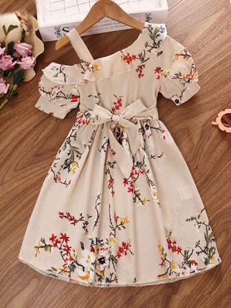 复古印花不对称肩短袖连衣裙，适合青少年女孩，夏季