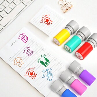 6pcs Colorful French Teacher Stamper Set, Refillable Cute Stampers - Classroom Teacher Stamps,Back To School,School Supplies