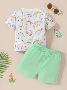 2 pièces/ensemble tenue d'été pour tout-petits garçons avec motif de dinosaure de dessin animé. Tissu tricoté doux et respirant, design populaire