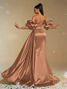 Smilprince New Elegant Solid Color Formal Evening Gown, Fitted Off-Shoulder Ruffle Satin Bow, Sophisticated Party Formal Dress For Ladies, Wedding Guest Attire - Brown - View 2