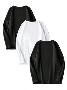 3 件装男士休闲字母印花长袖 T 恤，日常简约设计，秋季 - 黑與白 - 查看 5