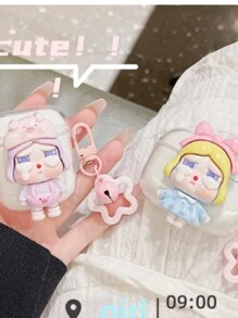 Cuerda para teléfono, cordón de teléfono con colgante de niña con lazo 3D y estrella, estilo coreano suave y transparente de TPU, funda protectora para estuche de auriculares Bluetooth compatible con estuche AirPods