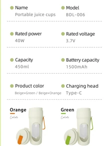 RAF 1pc 450ml Wireless Portable Blender Electric Juicer Machine, USB Rechargeable Mini Fruit Juicer Mixer With 12 Blades And Dual Cup