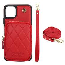 Funda de piel sintética (PU) compatible con iPhone 16, 15, 14, 13, 12, 11, Pro, X, XS, Max, XR, 8, 7 Plus, SE 2020, 2022, con ranuras para tarjetas, cremallera, bandolera y cuerda para el teléfono - Rojo - Ver 30