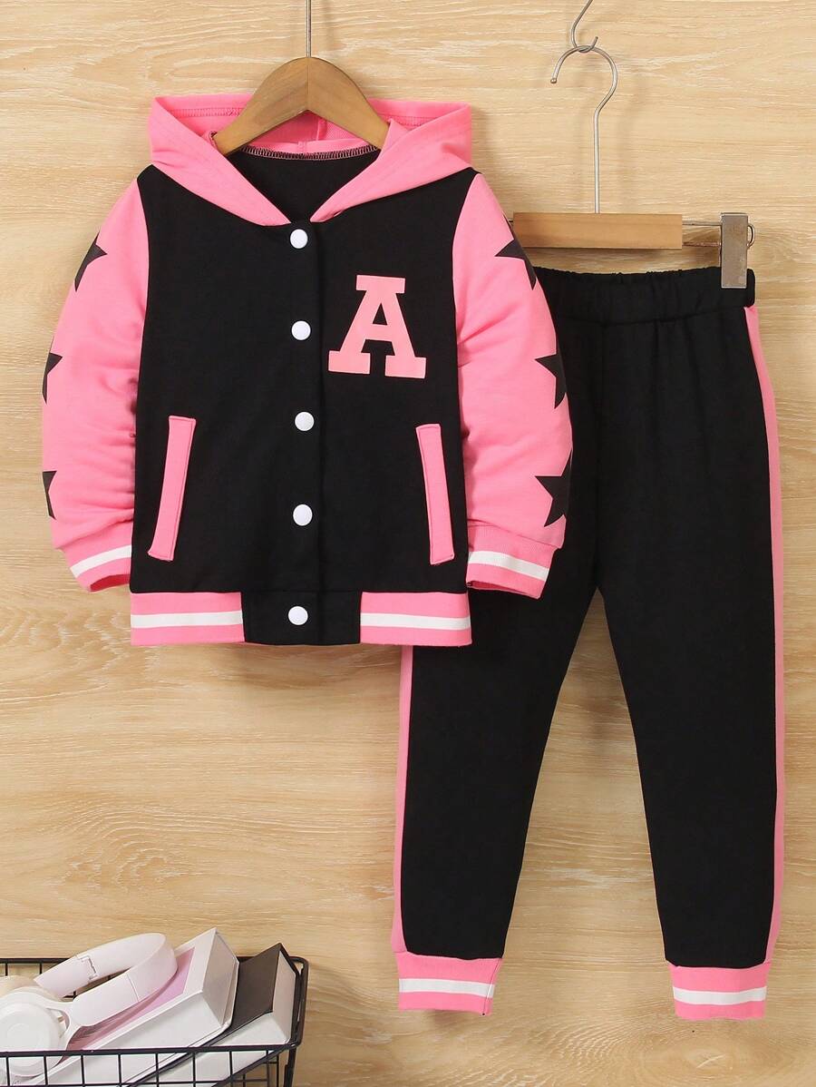 2pcs/Set Girls Casual School Style Star & Letter Print Colorblock Long Sleeve Hooded Jacket And Pants Set, Lightweight Fabric Suitable For Spring & Autumn - Multicolor - View 1