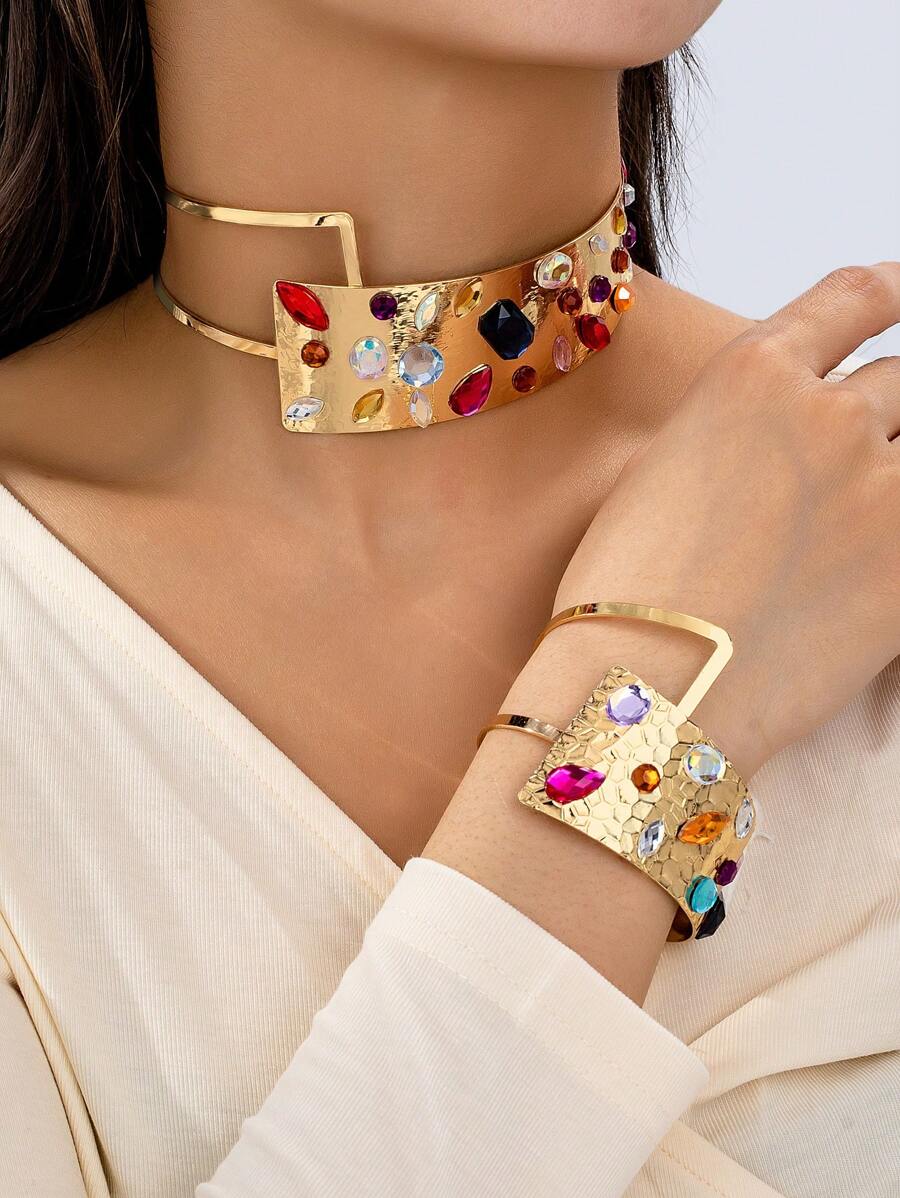 1 conjunto de joias de colar e pulseira de strass exageradas retrô, para festa de casamento