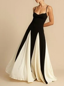 Women Spaghetti Strap Dress Contrast Color Flowy Hem Sweetheart Neck Sleeveless Backless Cami Long Dresses - 黑色 - 查看 3