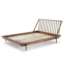 Mid-Century Modern Solid Wood Queen Platform Bed Frame With Spindle Headboard - Caramel