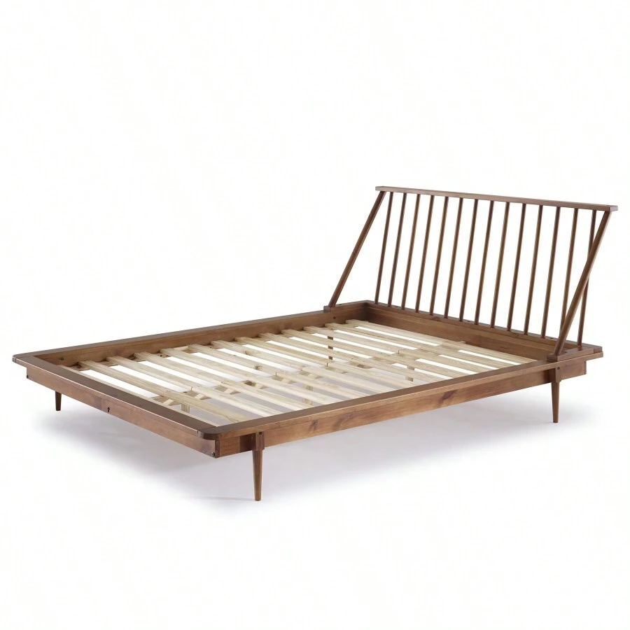 Mid-Century Modern Solid Wood Queen Platform Bed Frame With Spindle Headboard - Caramel