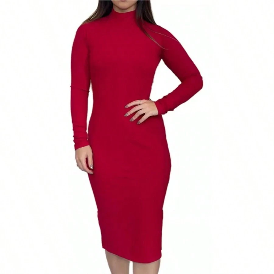 Red Ribbed Knit Maxi Dress Long Sleeve High Neck - 紅色 - 查看 1