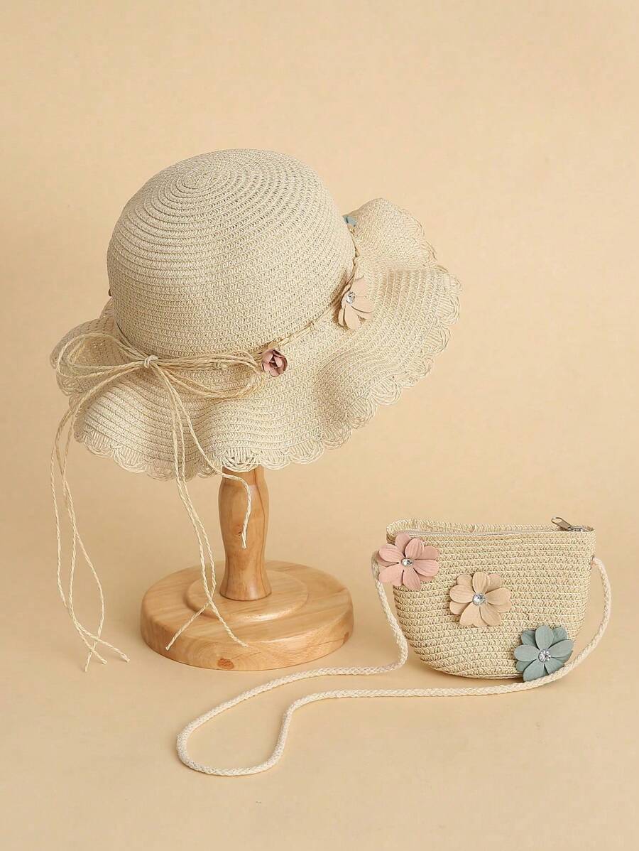 2pcs Children Flower Decor Wide Brim Hat & Bag Set, Outdoor Sports Beach Sun Hat, Fashion Parent-Child Wavy Brim Sun Hat - Beige - View 1