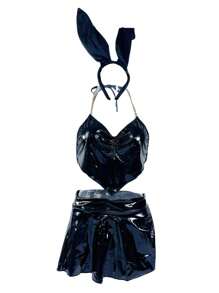 Women's Halloween Cosplay Costume, Bunny Girl Lingerie Party Cosplay Tank Tops Skirts Thongs Bunny Ear Headband Fancy Set - 黑色 - 查看 4