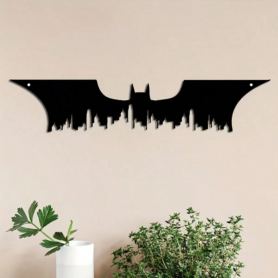 1pc, 15.7-Inch X 4.5-Inch Modern Bat Silhouette Metal Wall Art - Superhero City Design, Suitable For Living Room And Bedroom Decoration, Perfect Halloween Interior Decoration, Christmas Gift, Craft Decorations Home Decor Halloween Decor - Black - View 1