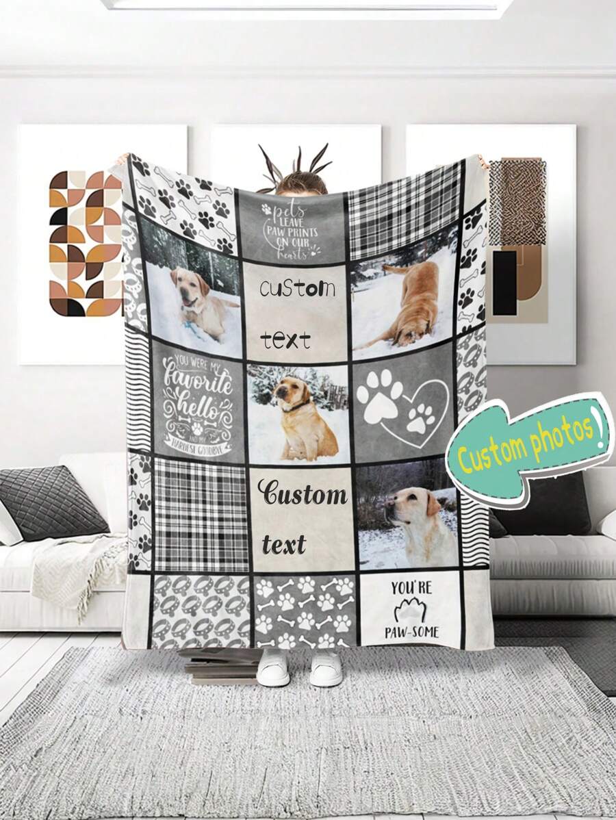 Custom Pet Photo Text Dog Blanket Personalized Dog Blanket Dog Loss Gift Paw Print Blanket Custom Vintage Blanket