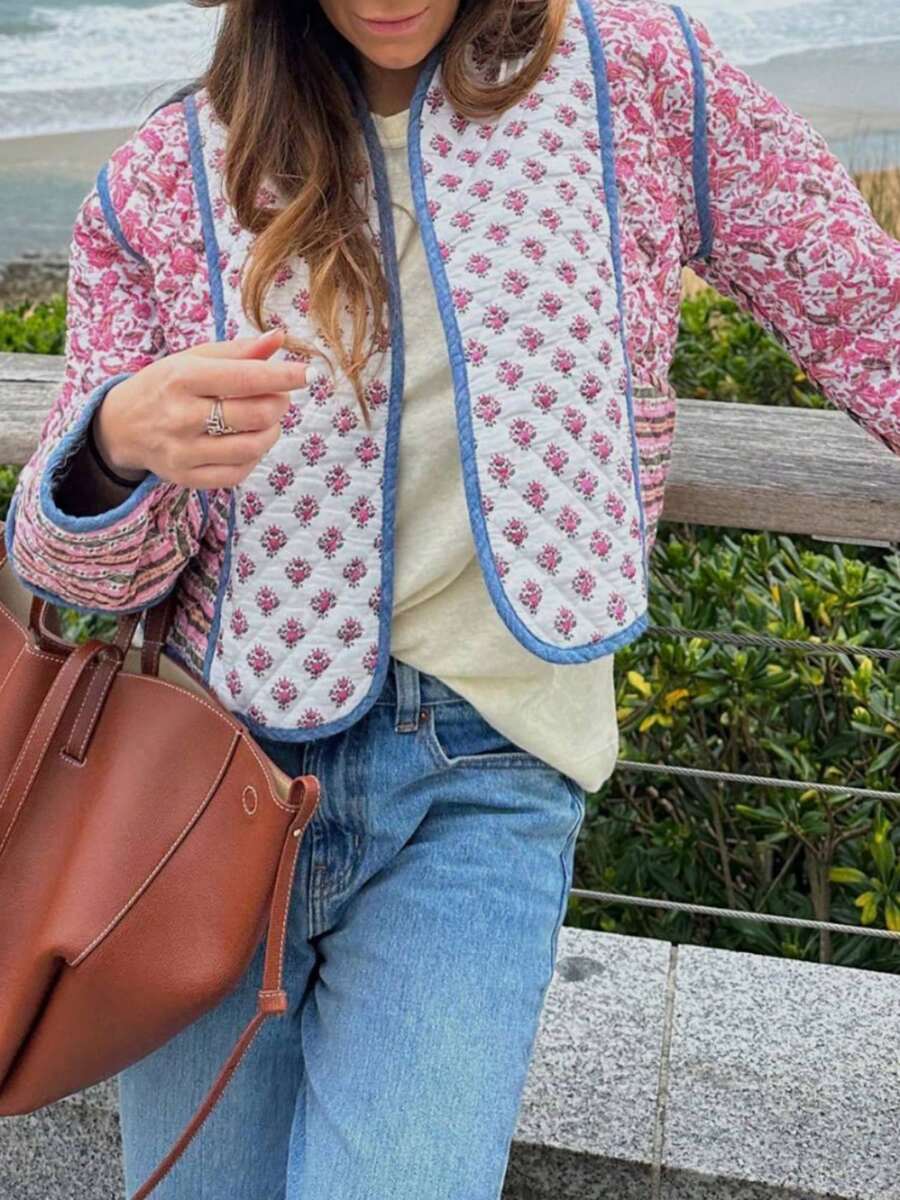 Women's Short Puffer Jacket Floral Print Stand Collar Open Front Quilted Coat Fall Winter Long Sleeve Padded Jacket Outerwear - Hồng - Xem 1