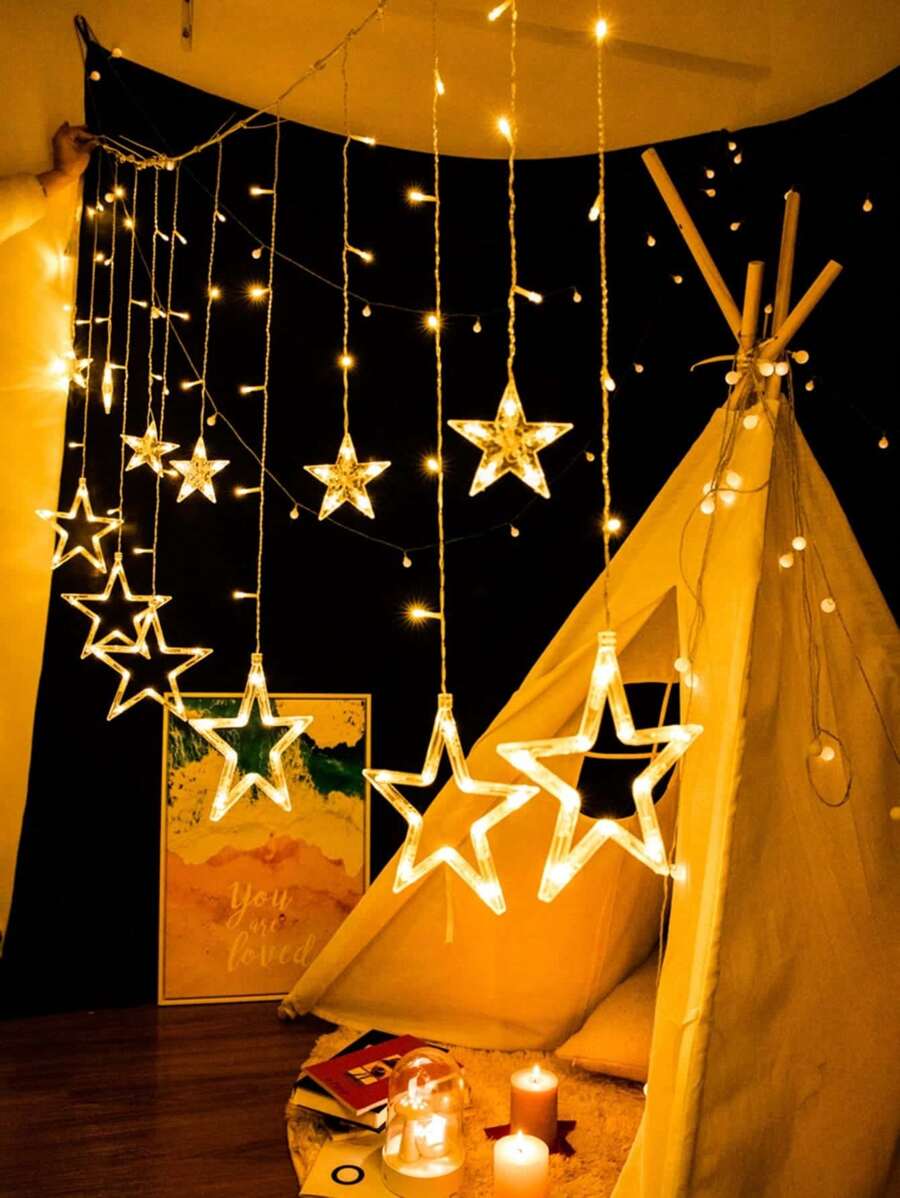 1pc 138 LEDs 3.5*0.8m USB 8 Modes Star & Moon Shaped Curtain Light, For Wedding Engagement Proposal Home Garden Holiday Indoor Outdoor Yard Decor