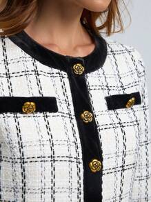 Women's Elegant Casual Tweed Jacket, Black & White Mixed Color Woven Plaid Pattern, Round Neck Long Sleeve