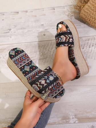 Women's Fashion Square Toe Wedge Heel Slides, Lace-Up Roman Style Beach Sandals, Elegant Versatile Platform Casual Black Thick Bottom Sandals