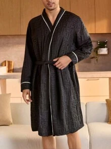 Men's Lightweight V-Neck Tie Waist Sleepwear Robe For Spring/Summer - Dark Grey - View 4