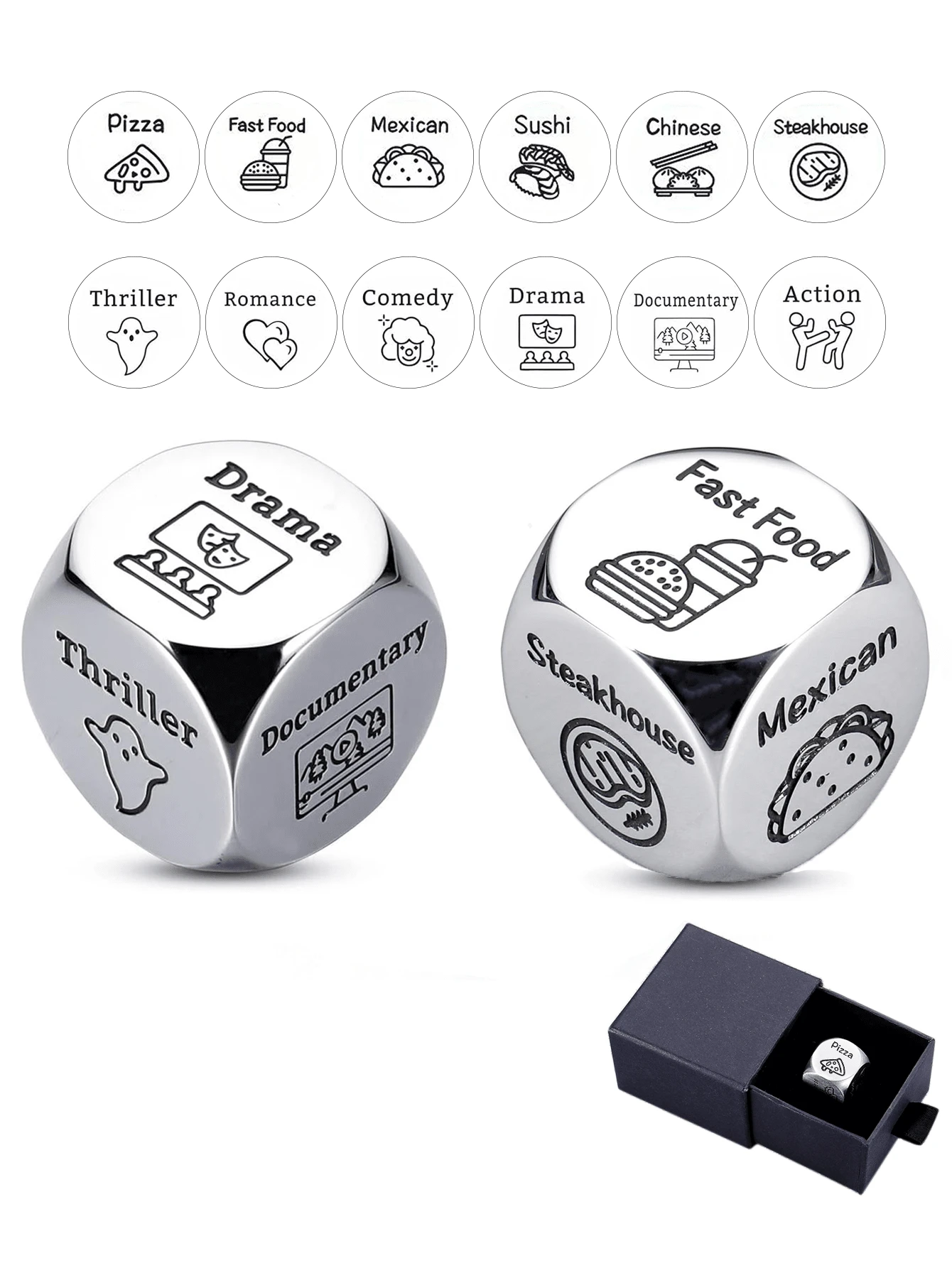 1 个派对之夜决策骰子，带精致收纳盒，约会之夜食物选择骰子，决策游戏骰子，恶作剧玩具，不锈钢食物决策骰子，可重复使用的创意立方体游戏，适合难以做出选择的人，用作家庭室内派对和新年的选择道具，情人节、周年纪念日、生日和婚礼的有趣浪漫礼物 - 銀色 - 查看 1