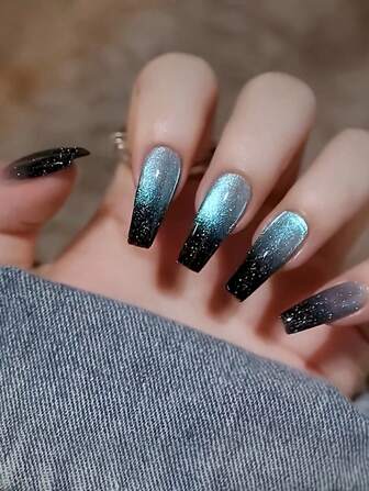 Monina 24pcs Blue & Black Ombre Cat Eye Crystal Nail Art, Handmade, High-End, Shiny, Charming Nail Decoration, Adorable, Energetic Cat Eye Crystals, Suitable For Daily Wear, Dreamy, Dynamic Starry Cat Eye Fashion, Versatile, Elegant