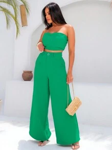 Women's Set High Waisted Wide Leg Pants And Cropped Top In Duna - Green - View 1