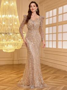 Elisanya SUPGIR 长袖甜心领钻石装饰亮片晚礼服、派对礼服、正式礼服、婚礼宾客礼服、秋季女装 - 香檳色 - 查看 4