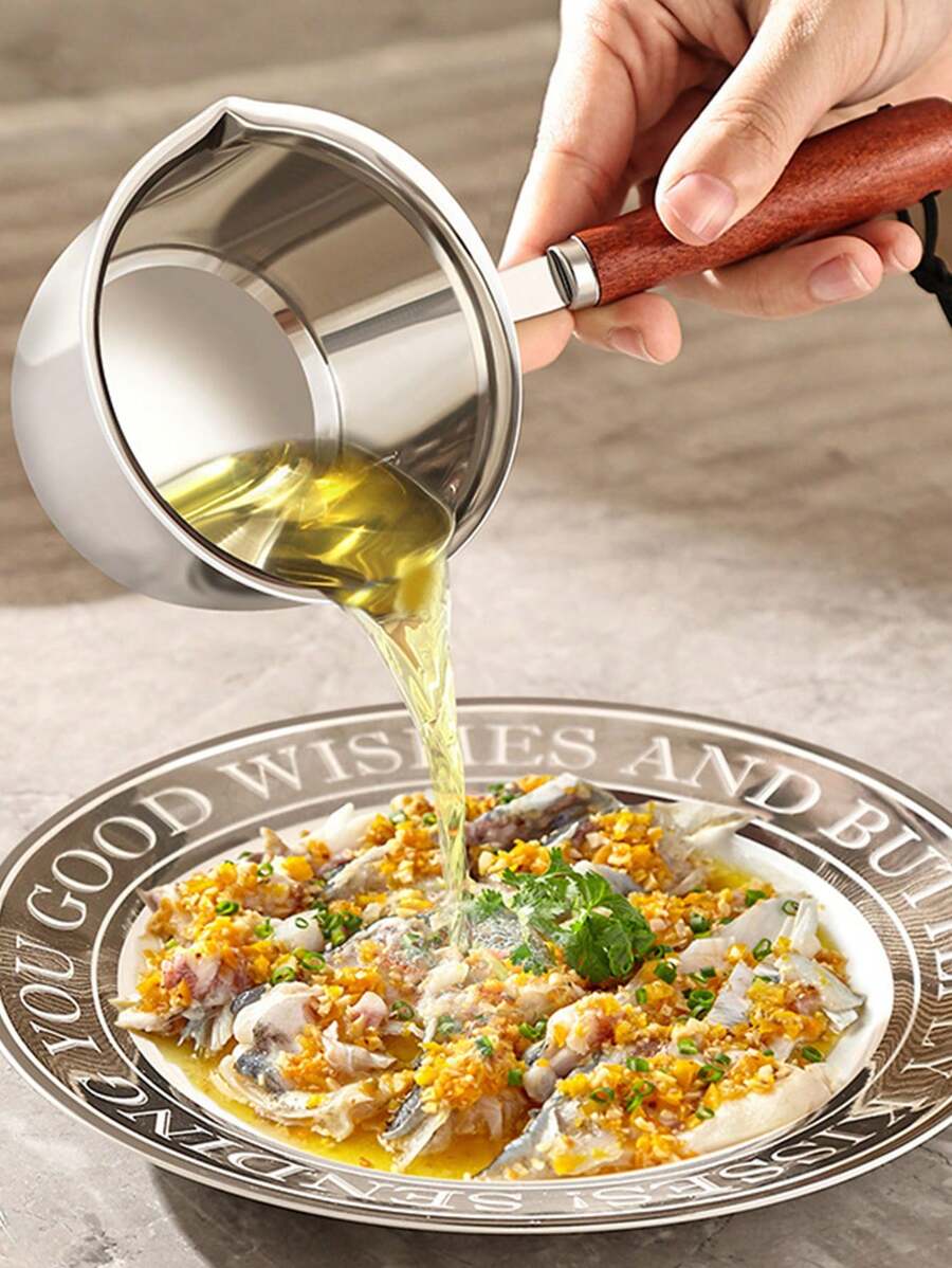 1pc Multifunctional Hot Oil Pot, Stainless Steel Mini Frying Oil Pot, Kitchen Hot Oil Pot, Oil Pouring Pot, Oil Spraying Pot With Dual Pouring Spouts, Suitable For Left Or Right Handed - Silver - View 1