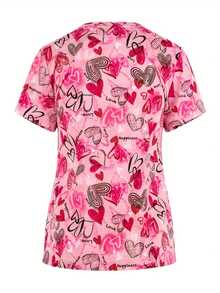 Vintage Short Sleeve Heart Print V Neck Scrubs Tops, Patched Pockets Nurse Uniform For Women - Multicolor - View 2