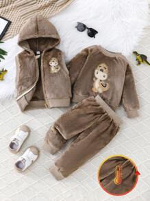 Bộ 3 áo khoác cổ tròn họa tiết khủng long ấm áp cho bé trai, áo dài tay và quần dài, mùa thu/đông - Màu nâu Sô-cô-la - Xem 1