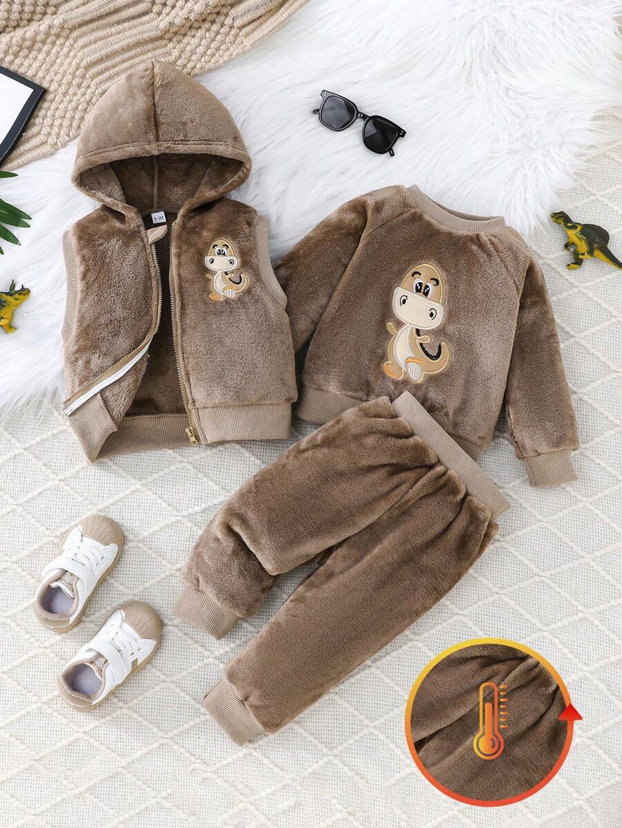 Bộ 3 áo khoác cổ tròn họa tiết khủng long ấm áp cho bé trai, áo dài tay và quần dài, mùa thu/đông - Màu nâu Sô-cô-la - Xem 1