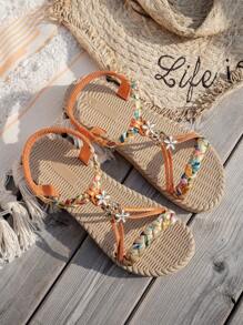 WRCVS Orange Sandals, Women Summer Flat Sandals, Woven Shoes, Lightweight Non-Slip Beach Shoes, Rope Bottom Floral Pattern Random Bohemian Style Round Toe Student Sandals, Handmade Beaded Heavy-Duty Shoes