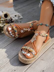WRCVS Orange Sandals, Women Summer Flat Sandals, Woven Shoes, Lightweight Non-Slip Beach Shoes, Rope Bottom Floral Pattern Random Bohemian Style Round Toe Student Sandals, Handmade Beaded Heavy-Duty Shoes