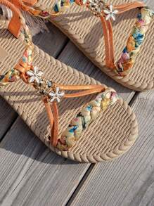 WRCVS Orange Sandals, Women Summer Flat Sandals, Woven Shoes, Lightweight Non-Slip Beach Shoes, Rope Bottom Floral Pattern Random Bohemian Style Round Toe Student Sandals, Handmade Beaded Heavy-Duty Shoes