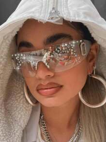 1副无框一体式时尚眼镜，Y2K风格，镶钻设计，奢华个性，百搭时尚，适合度假旅行，闪亮配饰，夏季海滩度假、户外活动、旅行必备。 - 彩色 - 查看 8