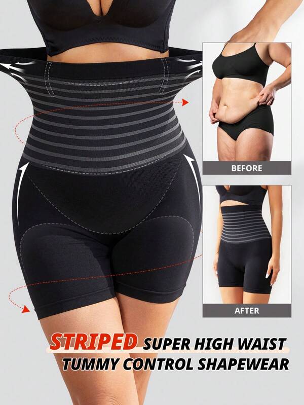 FLARIXA 1pc Black Postpartum High Waist Seamless Striped Belly Control Panties Body Shaper Shorts Panty Shapewear For Women
