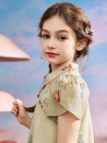 女童夏季中国风印花休闲网眼旗袍连衣裙 - 杏色 - 查看 6