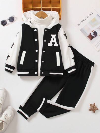 2件套女童休闲学院风星星字母印花撞色长袖连帽外套和裤子套装，轻薄面料，适合春秋季穿着