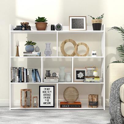 OYAJIA 7-Cube Bookshelf, Wooden Freestanding Bookcase, Modern Display Shelf Open Shelving Unit For Living Room Bedroom Office (White)